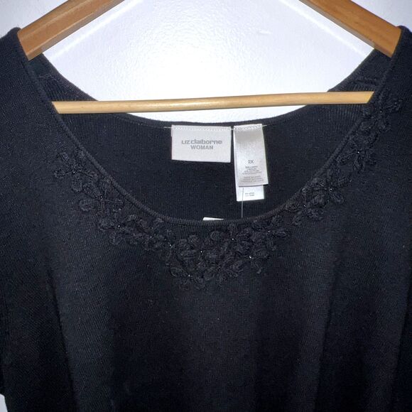 Liz Claiborne Woman's Black Linen Cotton Short Sleeve Sweater Floral Applique 2X - Picture 7 of 16